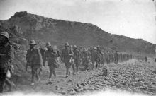 British soldiers at Anzac Cove marching along North Beach.